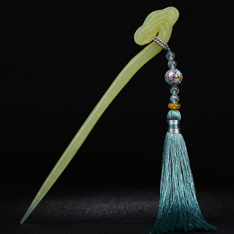 Handmade Xiuyu Jade Hair Stick with Long Tassel