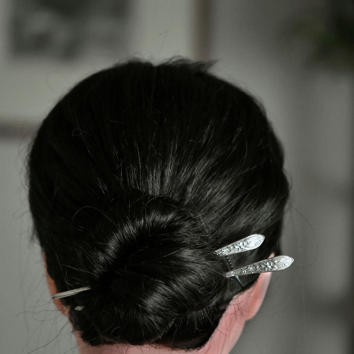 Chinese Vintage Silver Hair Stick with Embossed Peony