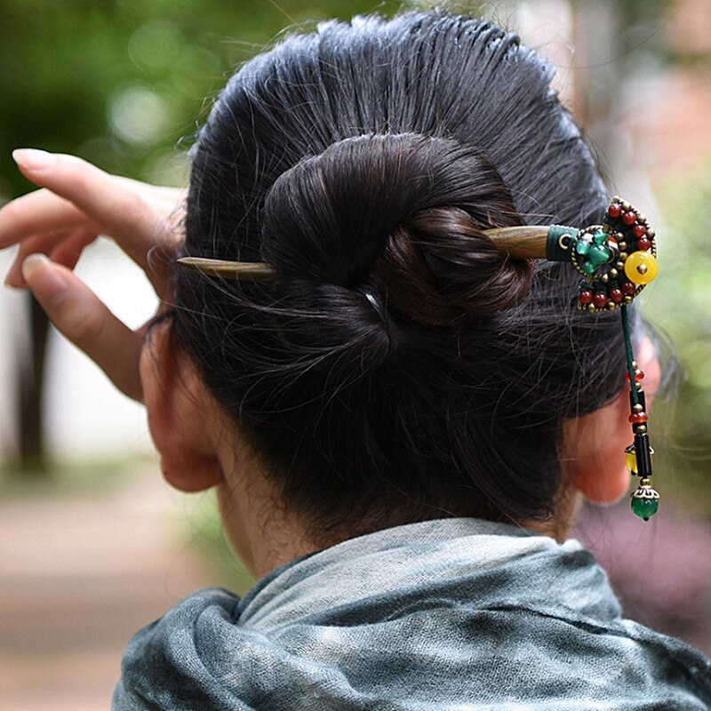 Handmade Wooden Hair Sticks with Red Yellow Stone Tassel