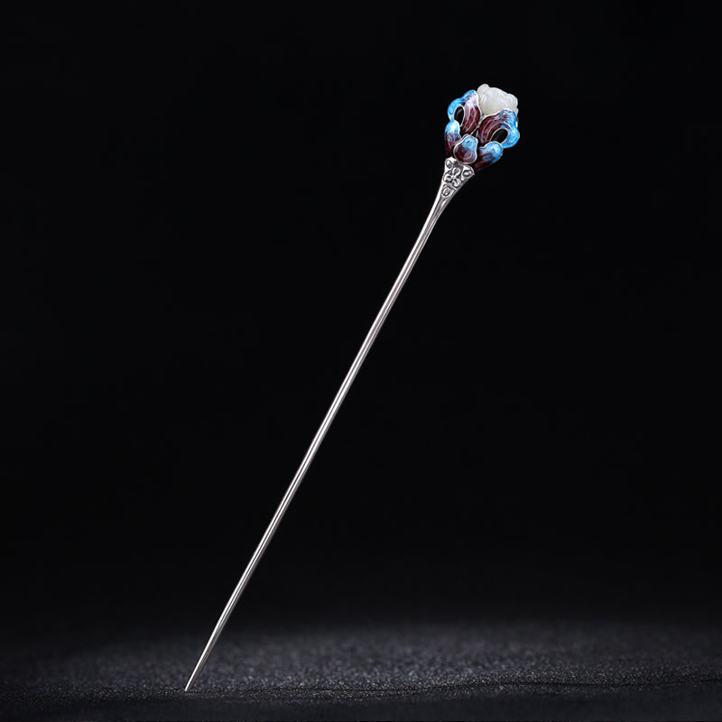 The Blue Cloisonne Hair Stick with Hetian Jade