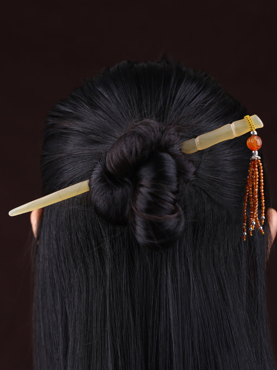 Handmade Bamboo Knot Horn Hair Stick with Tassel