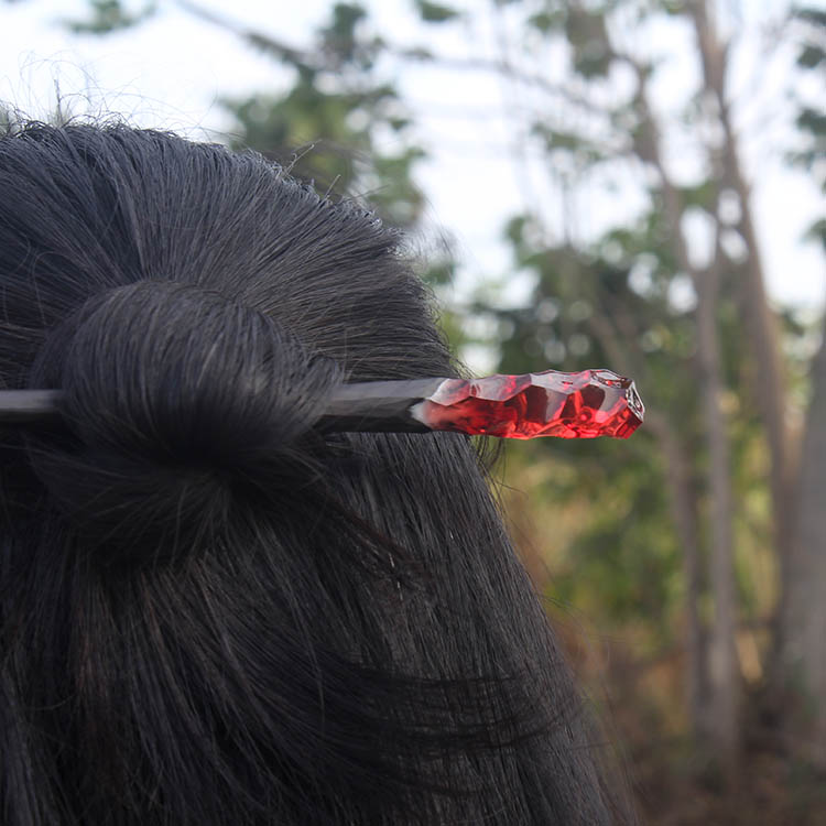 Flame Red Wooden Hair Stick with Rein