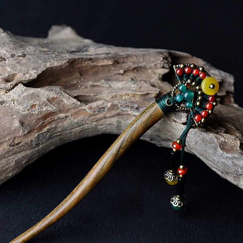 Handmade Wooden Hair Sticks with Red Yellow Stone Tassel