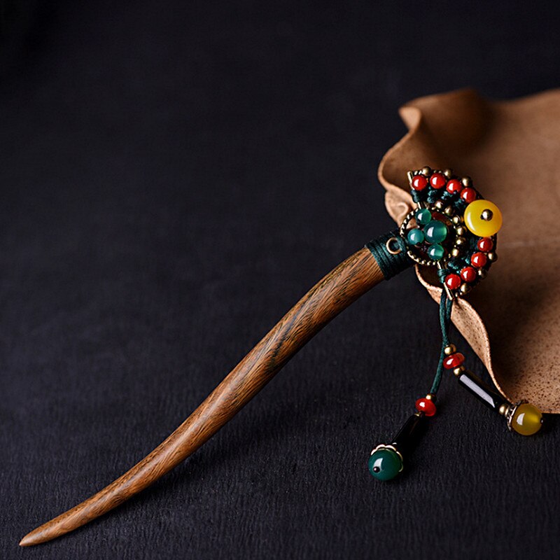 Handmade Wooden Hair Sticks with Red Yellow Stone Tassel