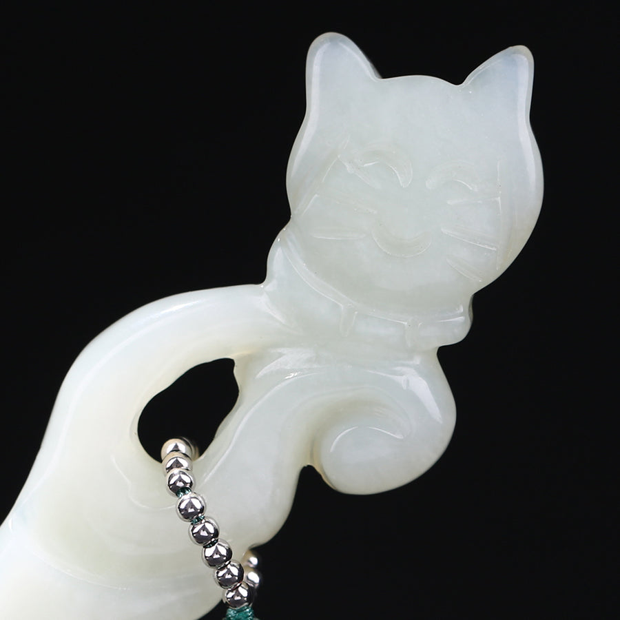 Handmade Xiuyu Jade Kitten Hair Stick with Tassel
