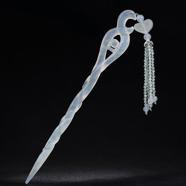 Handmade White Snake Hair Stick with Jade Tassels