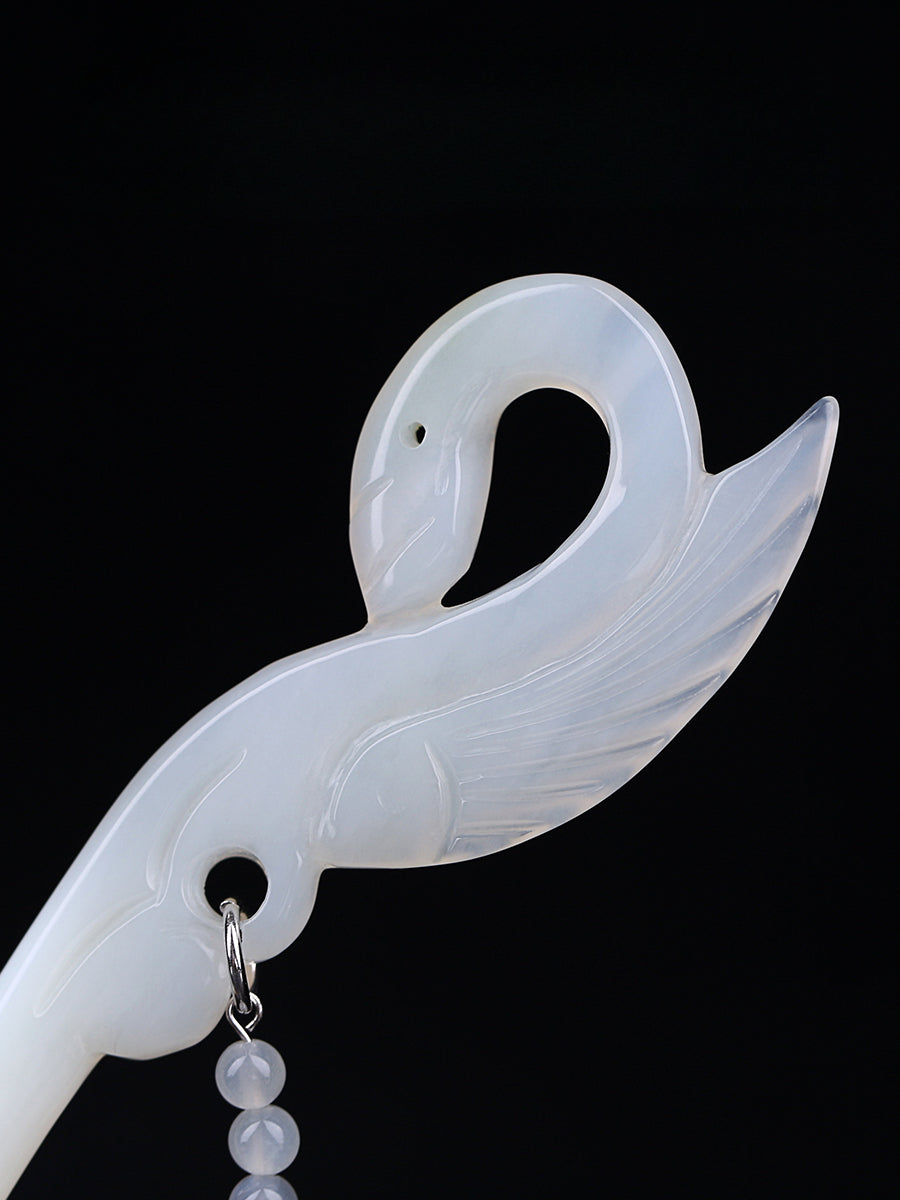 Handmade swan jade hair stick with dangle