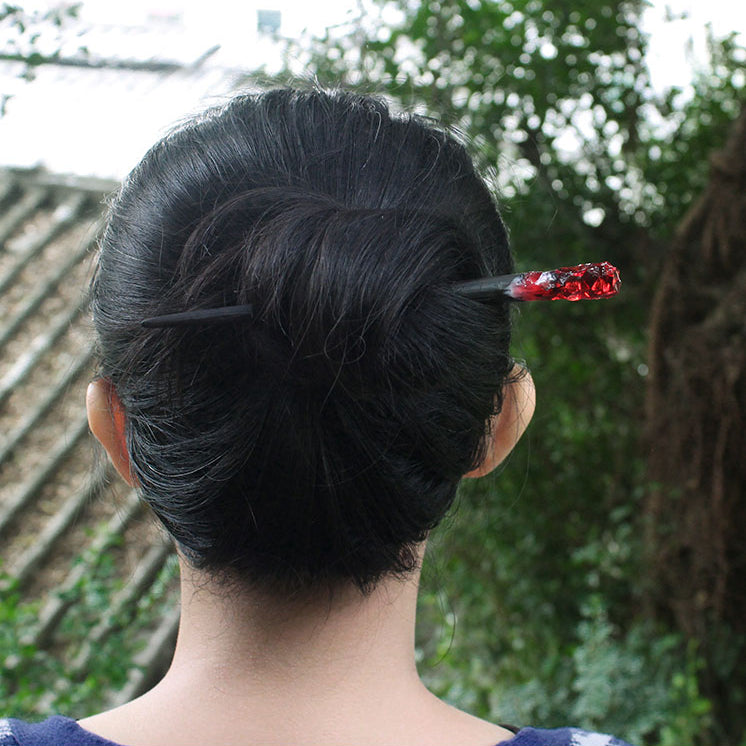 Flame Red Wooden Hair Stick with Rein