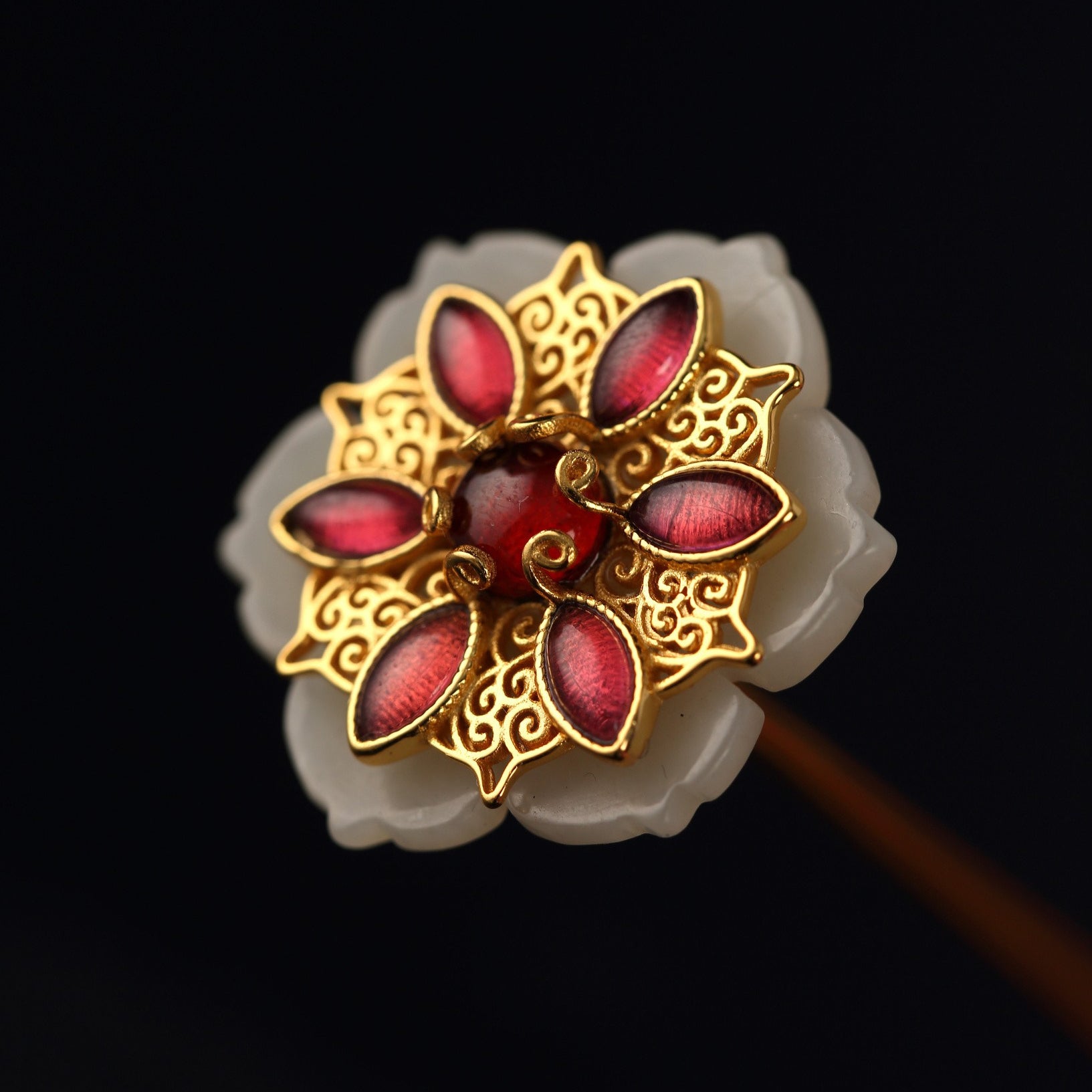 Chinese Traditional Floral Hairpin with Jade & Garnet