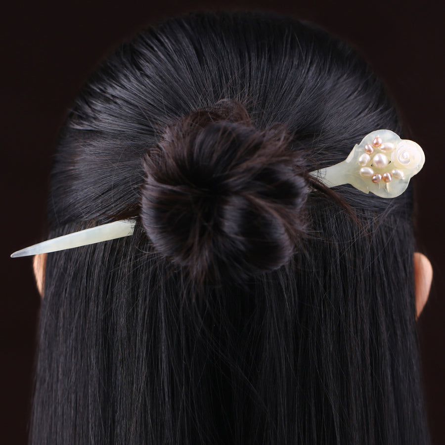 Handmade Xiuyu Jade Hair Stick with Pearls