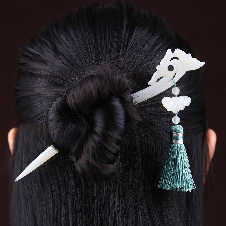 Handmade Jade Lotus Hair Stick with Tassel