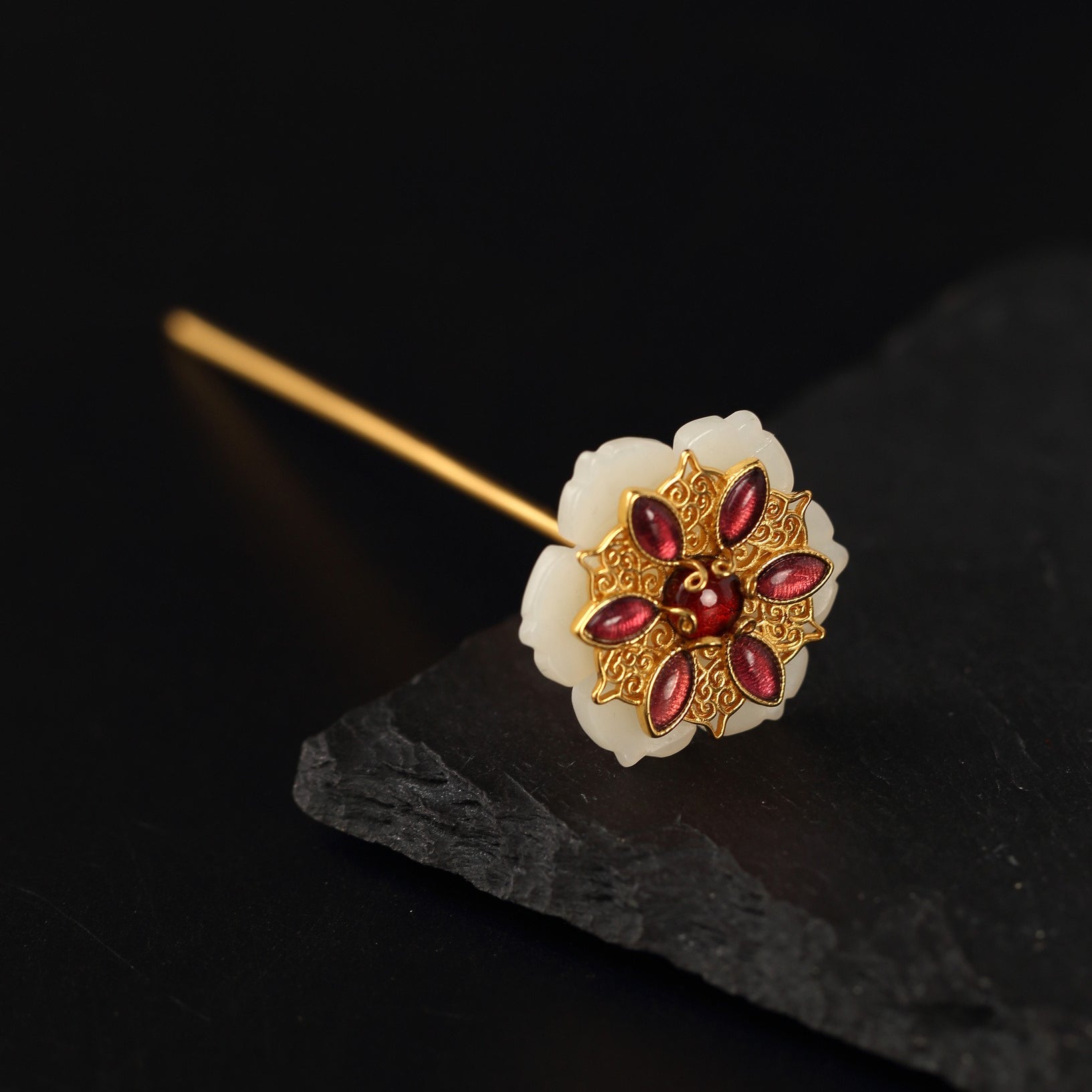 Chinese Traditional Floral Hairpin with Jade & Garnet
